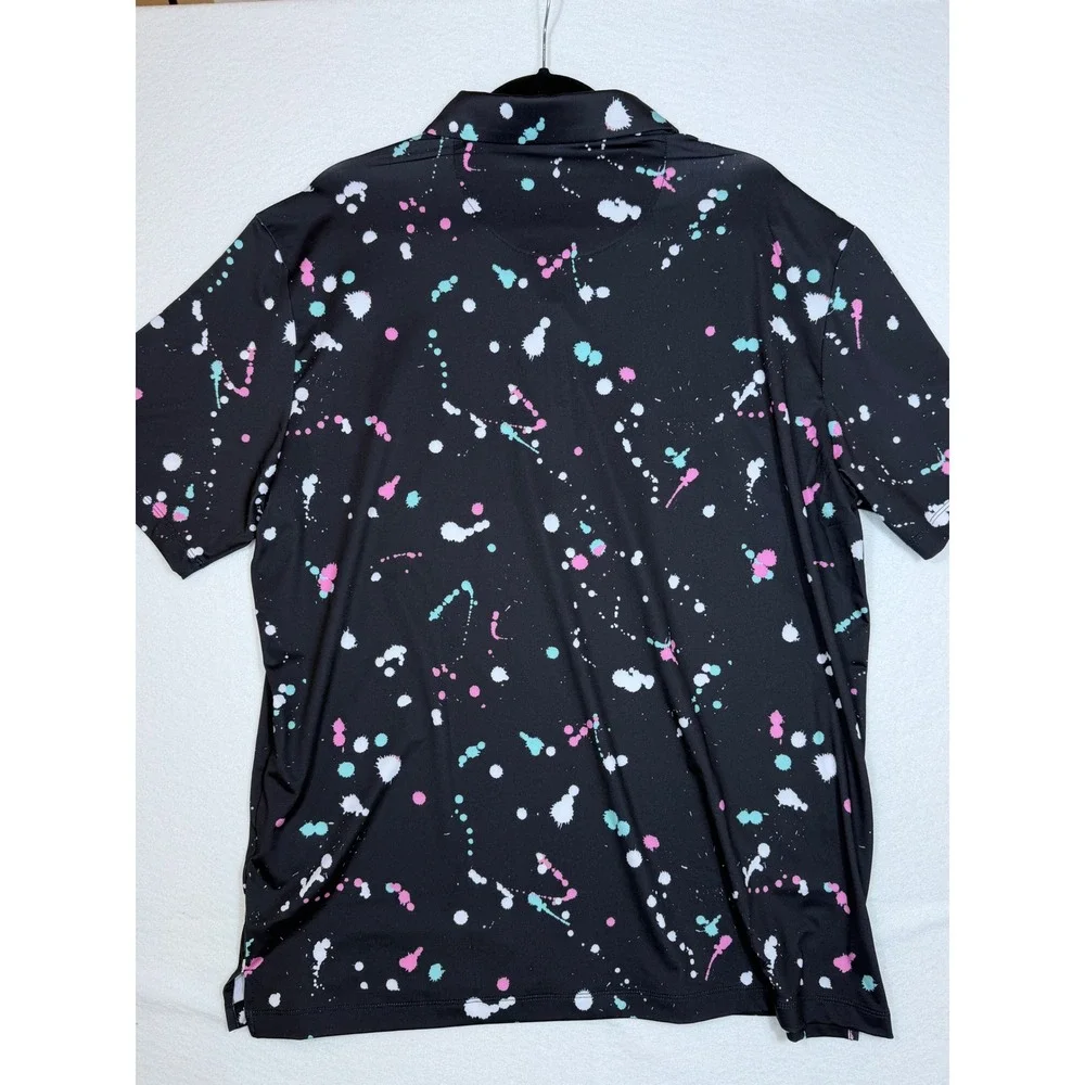 Byrdgang Paint Splatter Polo Shirt Mens XL Black Pink Blue Performance Golf Tee‎